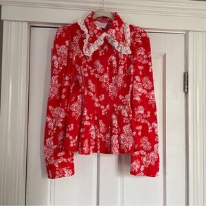 Selkie Red Floral Lace-Collar Blouse - Women Tops